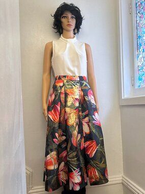 Sleeveless White Knot Top and Full Floral Metallic Skirt Designed in UK